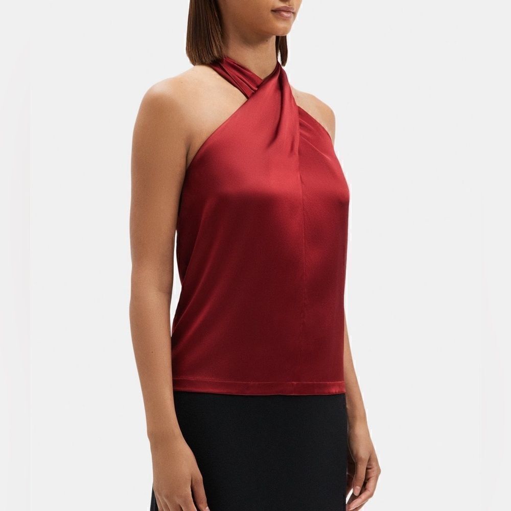 Theory NWT Ertil Convertible Cross Front Plunge Silk Halter Top Red Dahlia L